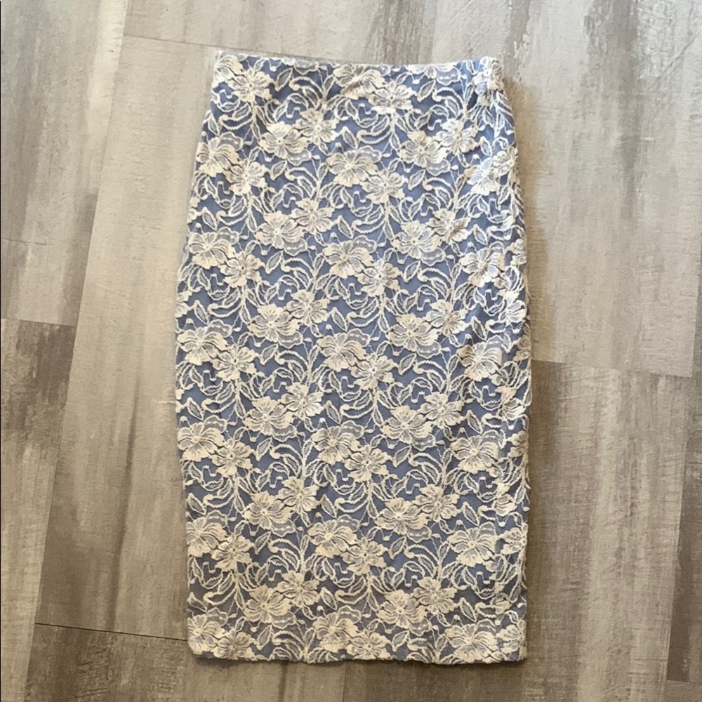 Peppermint Blue and White Embellished Midi Pencil Skirt